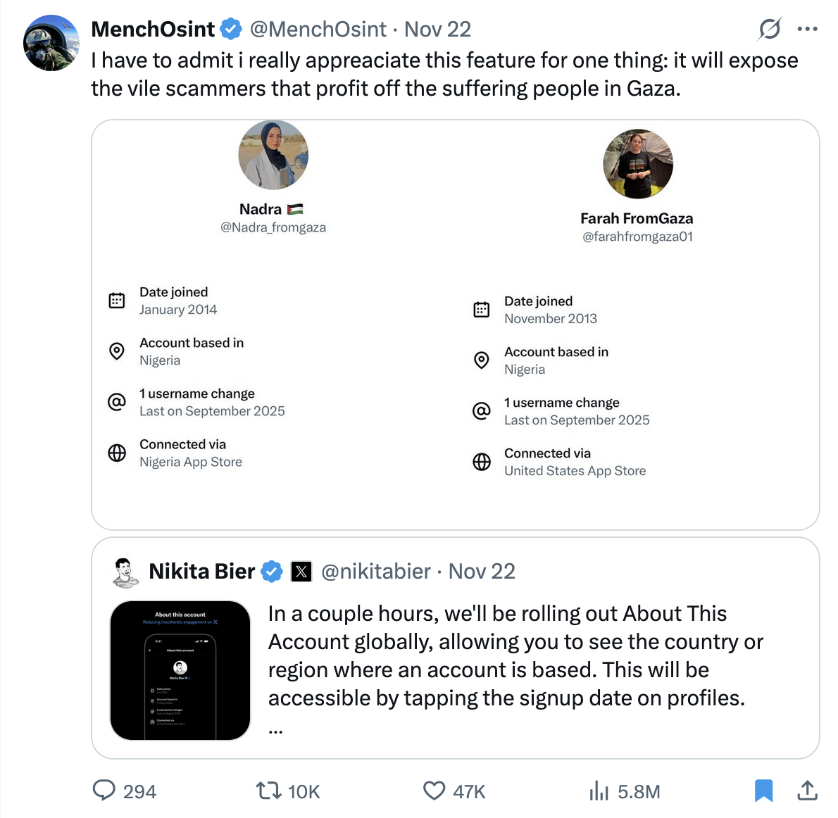 X user @MenchOsint tweet exposing scammers posing as people from Gaza to solicit donations.