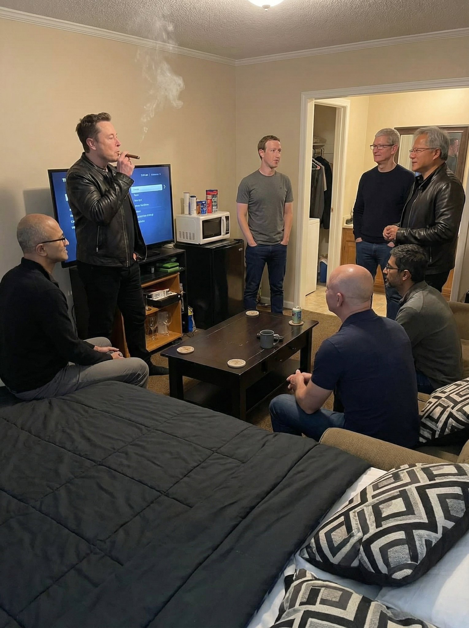 X user @distributedkv tweeted, "happy to host them all tonight," alongside a photo of several billionaire tech CEOs standing around a room talking.