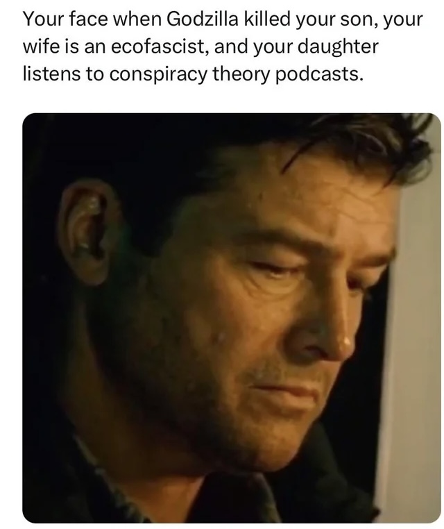 Your face when Godzilla killed your son, your wife is an ecofascist, and your daughter listens to conspiracy theory podcasts.