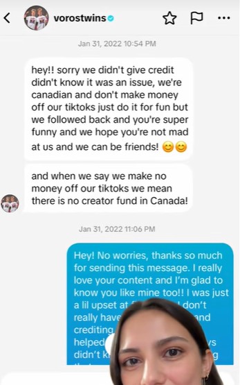 A screenshot of DMs between the Voros Twins and Maire Pax. They apologize to her for stealing her content.