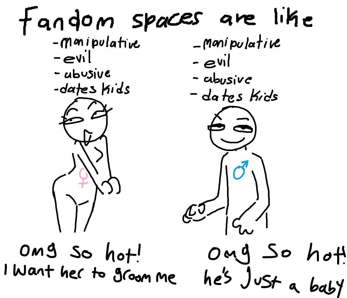 Fandom spaces are like -manipulative -evil - abusive -dates Kids -Manipulative - evil - abusive - dates Kids omg so hot! I Want her to groom me omg so hot! he's just a baby
