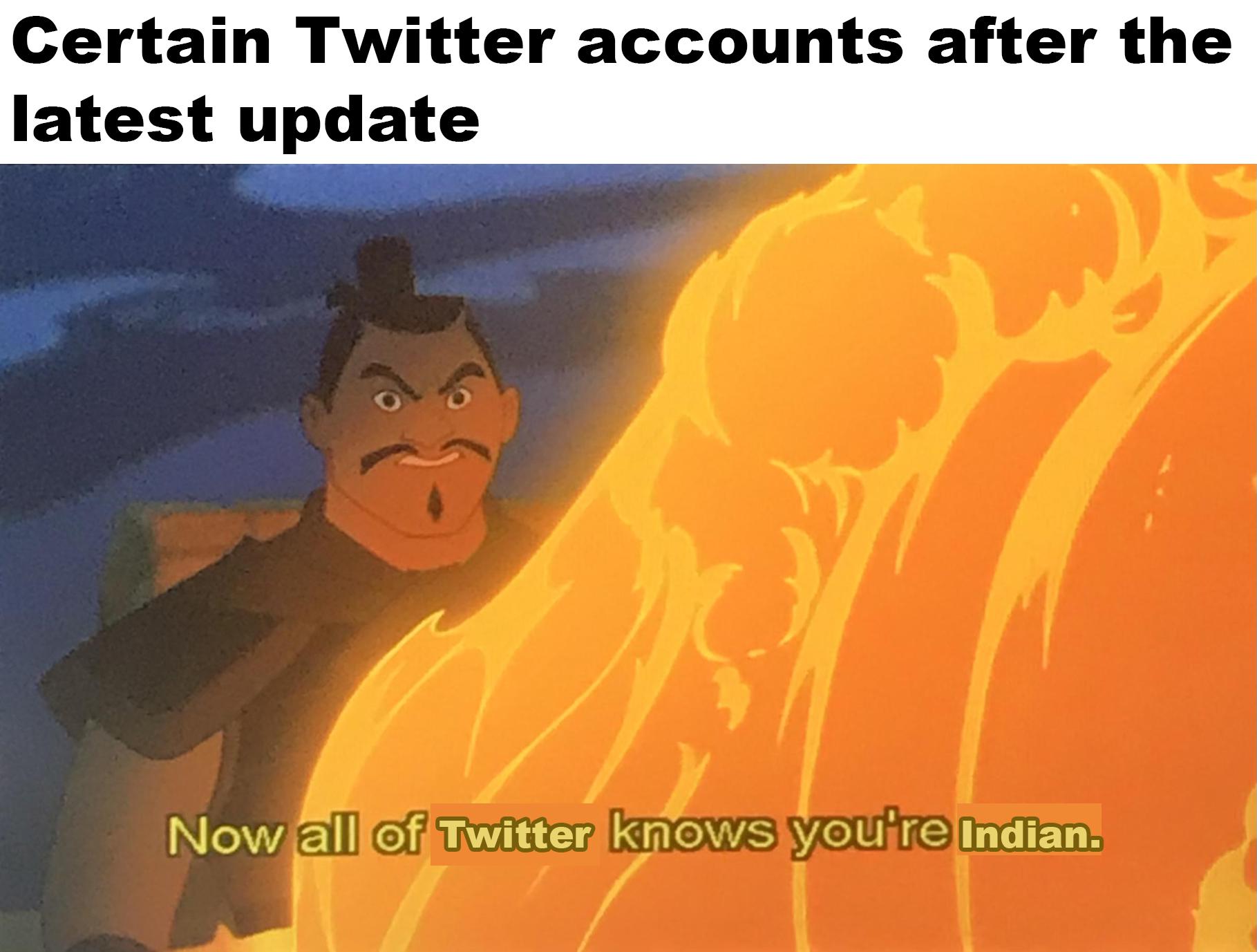 Certain Twitter accounts after the latest update Now all of Twitter knows you're Indian.