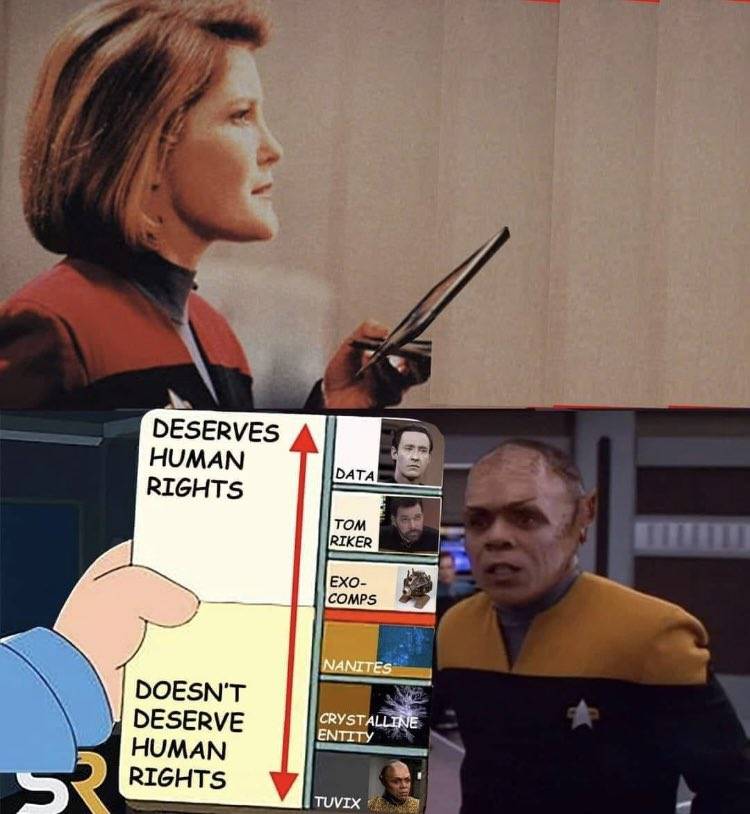 From ''Star Trek: Voyager'' 2x24 ''Tuvix'', Captain Kathryn Janeway (Kate Mulgrew) passes judgement on the human rights of Lieutenant Tuvix (Tom Wright). A chart divided into two halves of "Deserves Human Rights" and "Doesn't Deserve Human Rights" goes down from Data, Tom Riker and Exo-Comps to the Nanites, Crystalline Entity and Tuvix, thus sealing his fate.