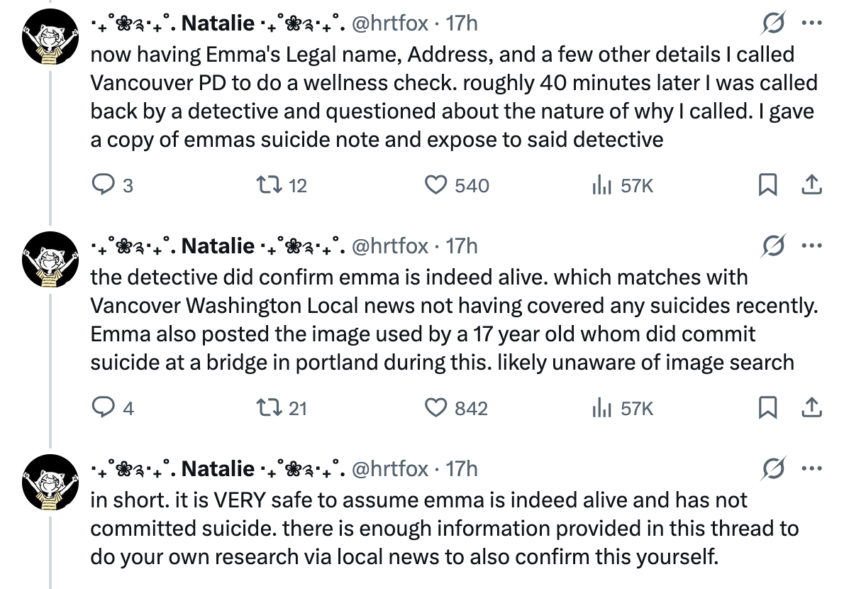 X user @hrtfox posted a thread supposedly proving Emma Onstott's death hoax by using posts from her YouTube channel to locate her hometown, deadname and voter registration information, and asking her hometown PD to do a wellness check on her.