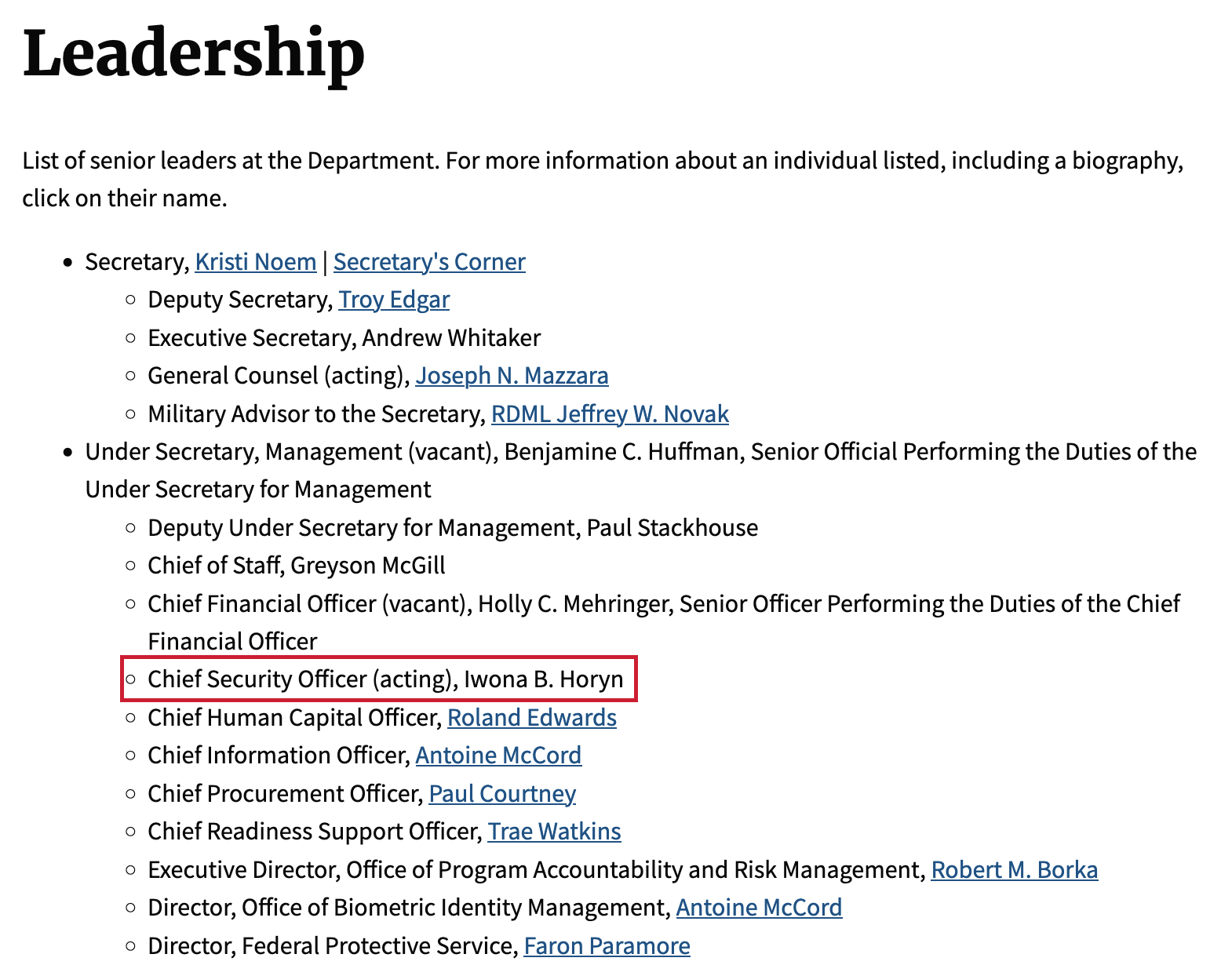 Screenshot of the 'Leadership' page on the official DHS website | Iwona ...