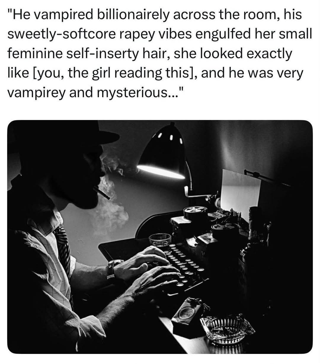 "He vampired billionairely across the room, his sweetly-softcore r---- vibes engulfed her small feminine self-inserty hair, she looked exactly like [you, the girl reading this], and he was very vampirey and mysterious..."