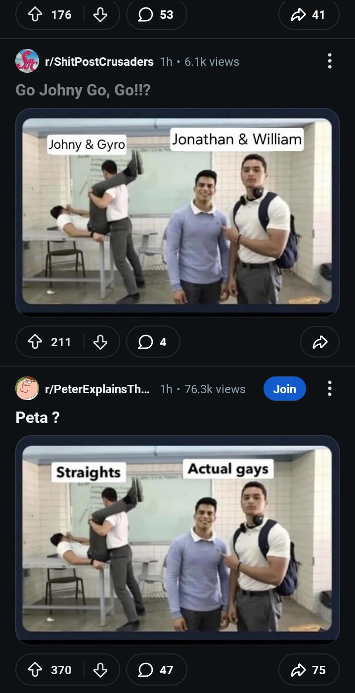 176 ♡ ☐ 53 r/ShitPostCrusaders 1h • 6.1k views Go Johny Go, Go!!? 41 Jonathan & William Johny & Gyro 211 4 r/PeterExplains Th... 1h 76.3k views Join Peta ? Straights Actual gays 370 R 47 75