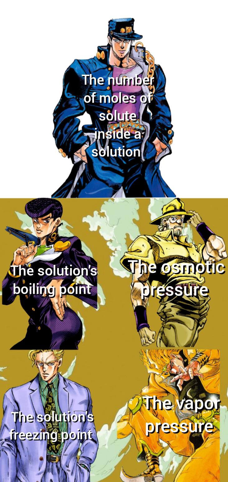 The number of moles of solute inside a solution The solution's boiling point The osmotic pressure The solution's freezing point The vapor pressure