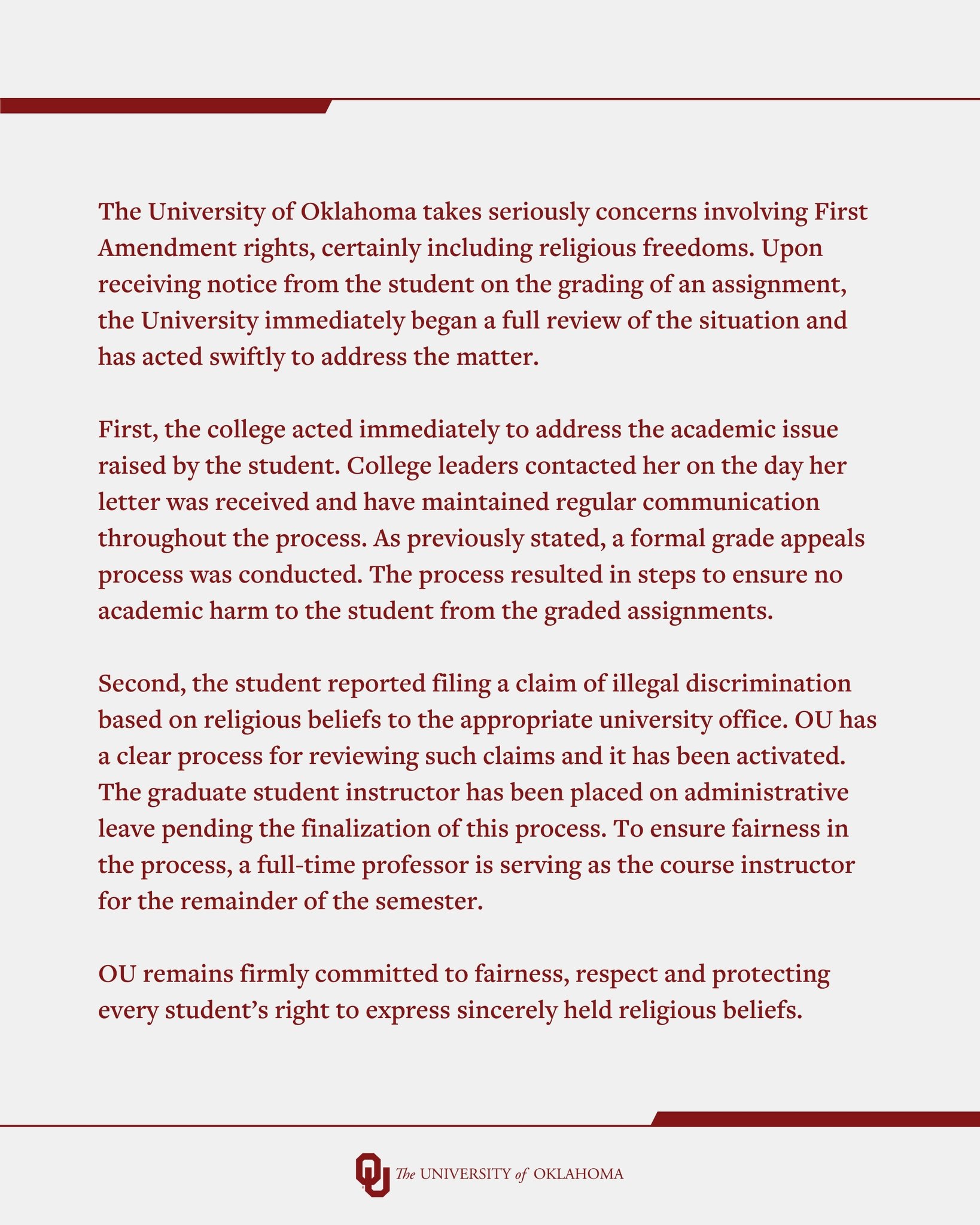 On November 30th, the University of Oklahoma announced that they were placing the "graduate student instructor" who graded Samantha Fulnecky's letter on administrative leave, gathering over 24 million views and 8,000 likes in a day.