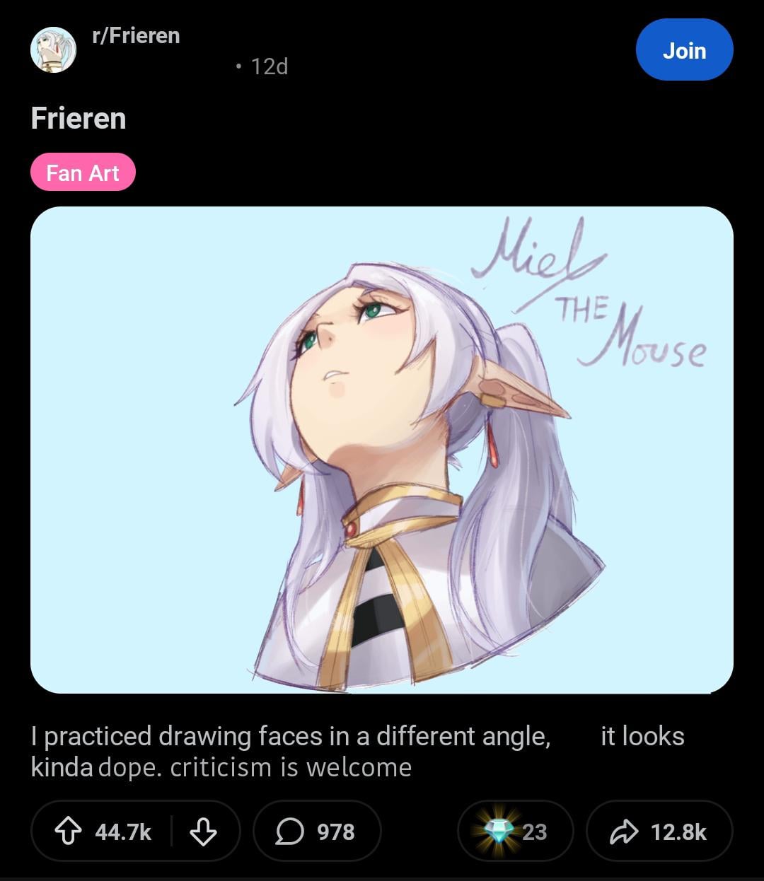 r/Frieren Frieren Fan Art • 12d Join Miel THE HE Mouse I practiced drawing faces in a different angle, kinda dope. criticism is welcome ✩ 44.7k ♡ ☐ 978 it looks 23 12.8k