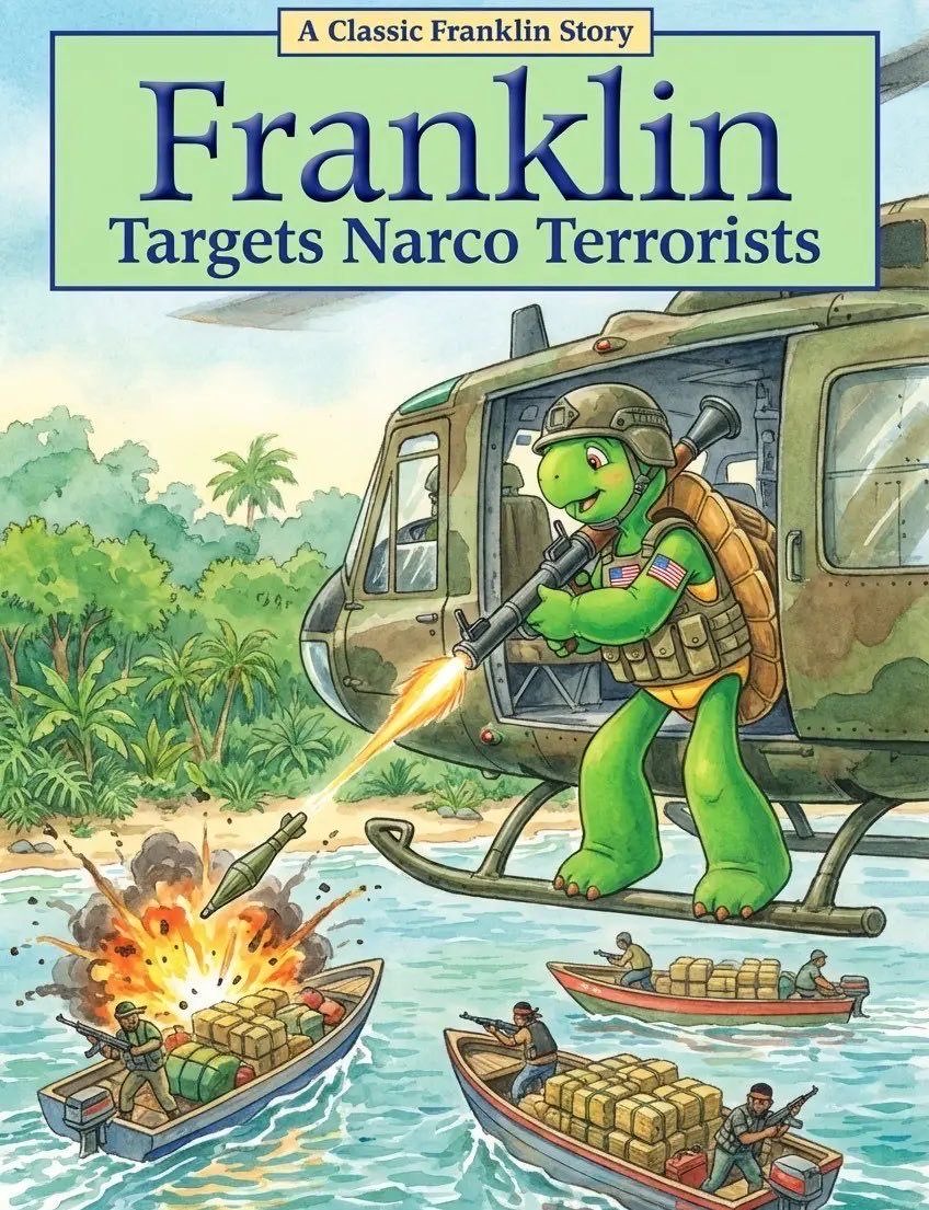 An AI parody of a "Frankin":https://knowyourmeme.com/memes/subcultures/franklin-the-turtle book. The book is titled, "Franklin Targets Narco Terrorists."