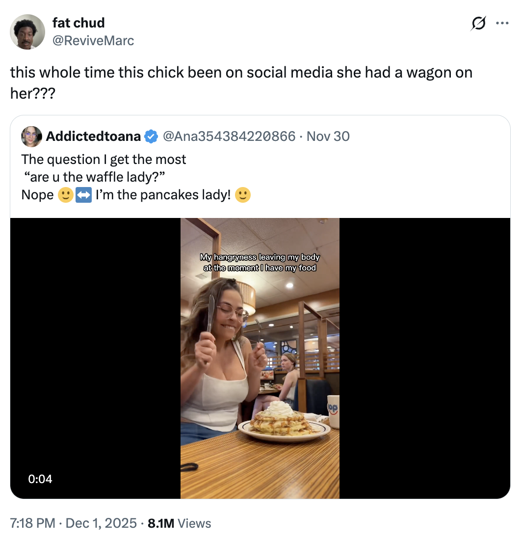 A "quote-tweet":https://knowyourmeme.com/memes/quote-retweets-qrts about Addictedtoana having an "OF":https://knowyourmeme.com/memes/sites/onlyfans account and having gone on a physical fitness journey since her "cringe":https://knowyourmeme.com/memes/cringe "IHOP Dance":https://knowyourmeme.com/memes/addictedtoana-ihop-dance-were-all-the-person-at-the-next-table "TikTok":https://knowyourmeme.com/memes/sites/tiktok video.