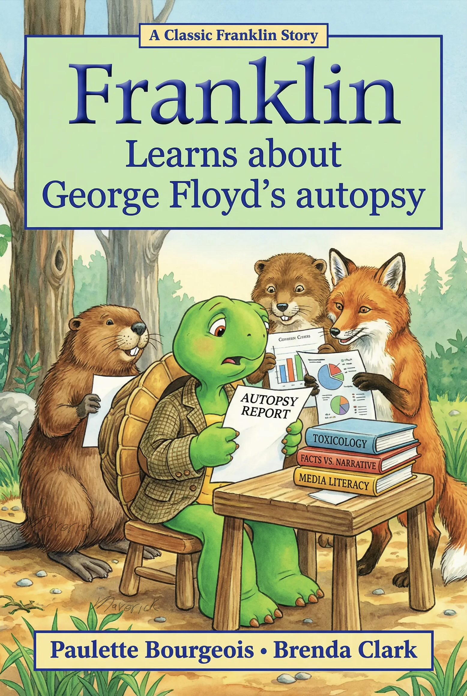 An AI "Franklin":https://knowyourmeme.com/memes/subcultures/franklin-the-turtle book cover parody. The parody has Franklin learn about "George Floyd's":https://knowyourmeme.com/memes/events/death-of-george-floyd autopsy.