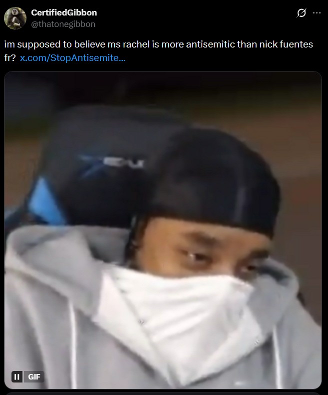 Certified Gibbon @thatonegibbon im supposed to believe ms rachel is more antisemitic than nick fuentes fr? x.com/StopAntisemite... II GIF