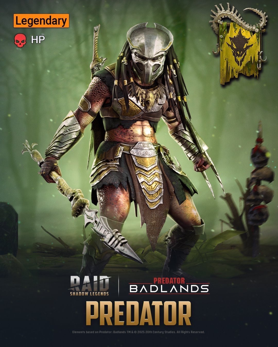 Legendary HP RAID SHADOW LEGENDS PREDATOR. BADLANDS PREDATOR Elements based on Predator: Badlands TM & © 2025 20th Century Studios. All Rights Reserved.