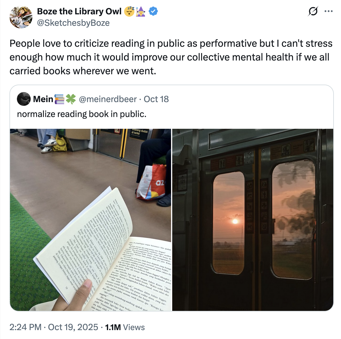 X user @SketchesbyBoze tweeted, "People love to criticize reading in public as performative but I can't stress enough how much it would improve our collective mental health if we all carried books wherever we went."