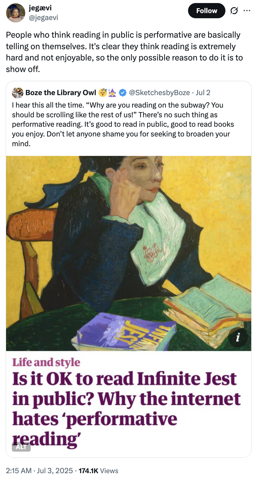 X user @jegaevi tweeted, "People who think reading in public is performative are basically telling on themselves. It's clear they think reading is extremely hard and not enjoyable, so the only possible reason to do it is to show off."