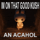 A top and bottom "GIF Caption":https://knowyourmeme.com/memes/gif-captions referencing "I'm On That Good Kush And Alcohol":https://knowyourmeme.com/memes/im-on-that-good-kush-and-alcohol and using the Umi Walking With a Candle "GIF":https://knowyourmeme.com/memes/cultures/gif.