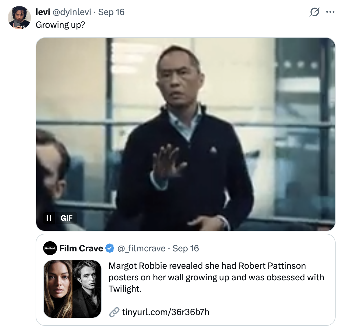 X user @dyinlevi posted the Eric Tao _Industry_ GIF on September 16th, 2025, in a quote tweet to a post that read, "Margot Robbie revealed she had Robert Pattinson posters on her wall growing up and was obsessed with Twilight." The post gathered over 6 million views and 100,000 likes in two months.