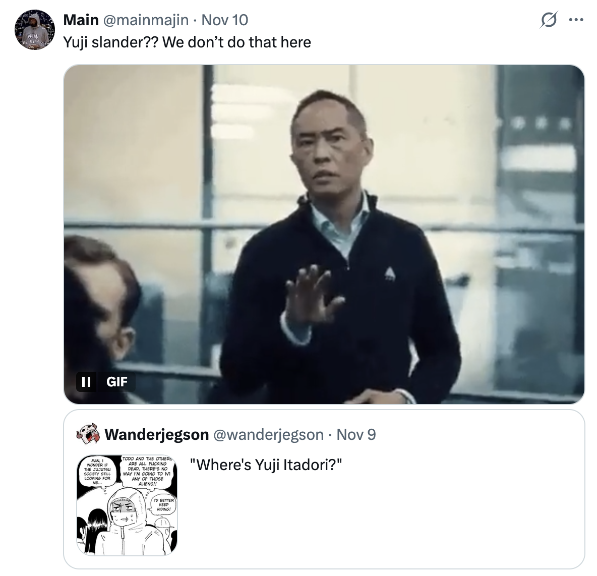 X user @mainmajin tweeted, "Yuji slander?? We don’t do that here," in the quote tweets of a post about Yuji Itadori from _Jujutsu Kaisen_. The post gathered over 20,000 likes in two months.