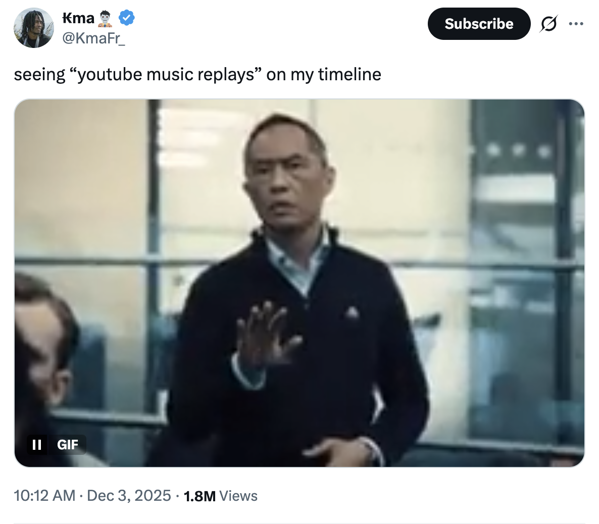 X user @KmaFr_ tweeted, "seeing “youtube music replays” on my timeline," alongside the Eric Dao 'Industry' GIF. The post gathered over 23,000 ikes in two days.