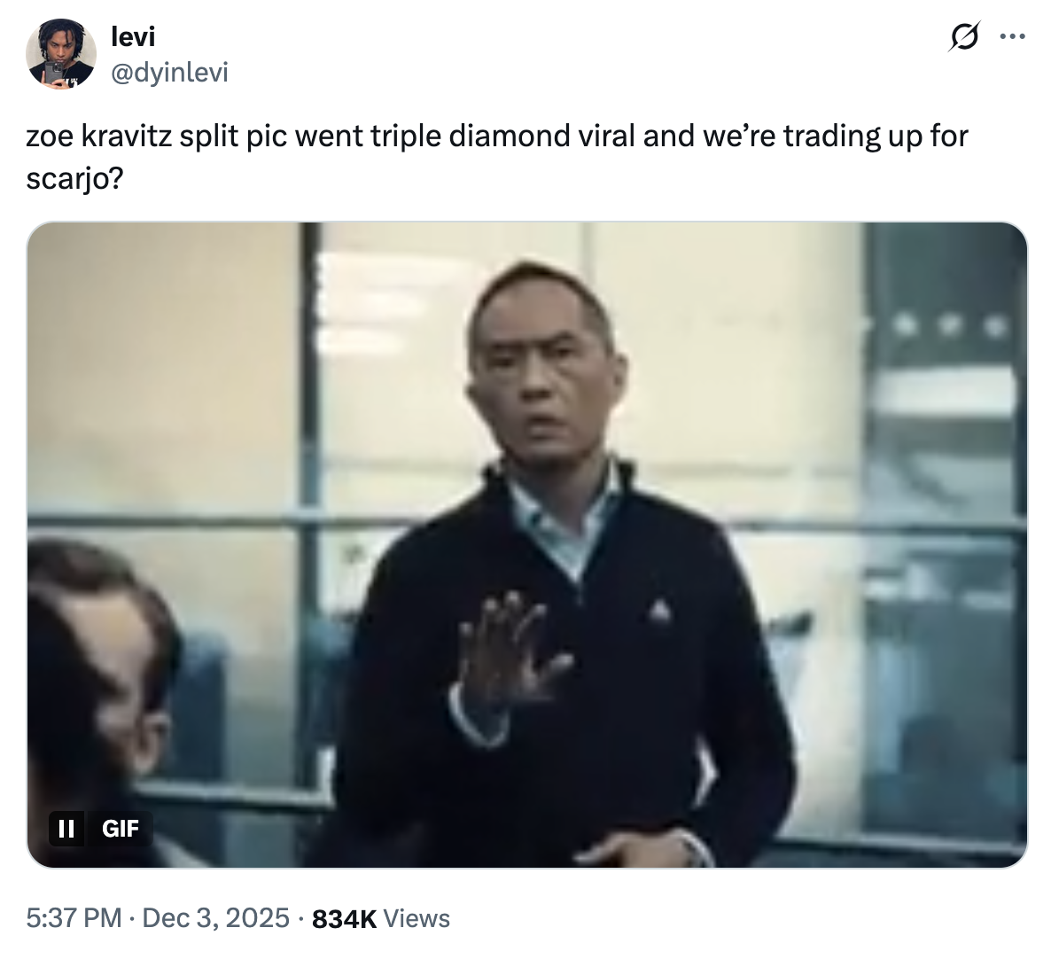 X user @dyinlevi tweeted, "zoe kravitz split pic went triple diamond viral and we’re trading up for scarjo?"