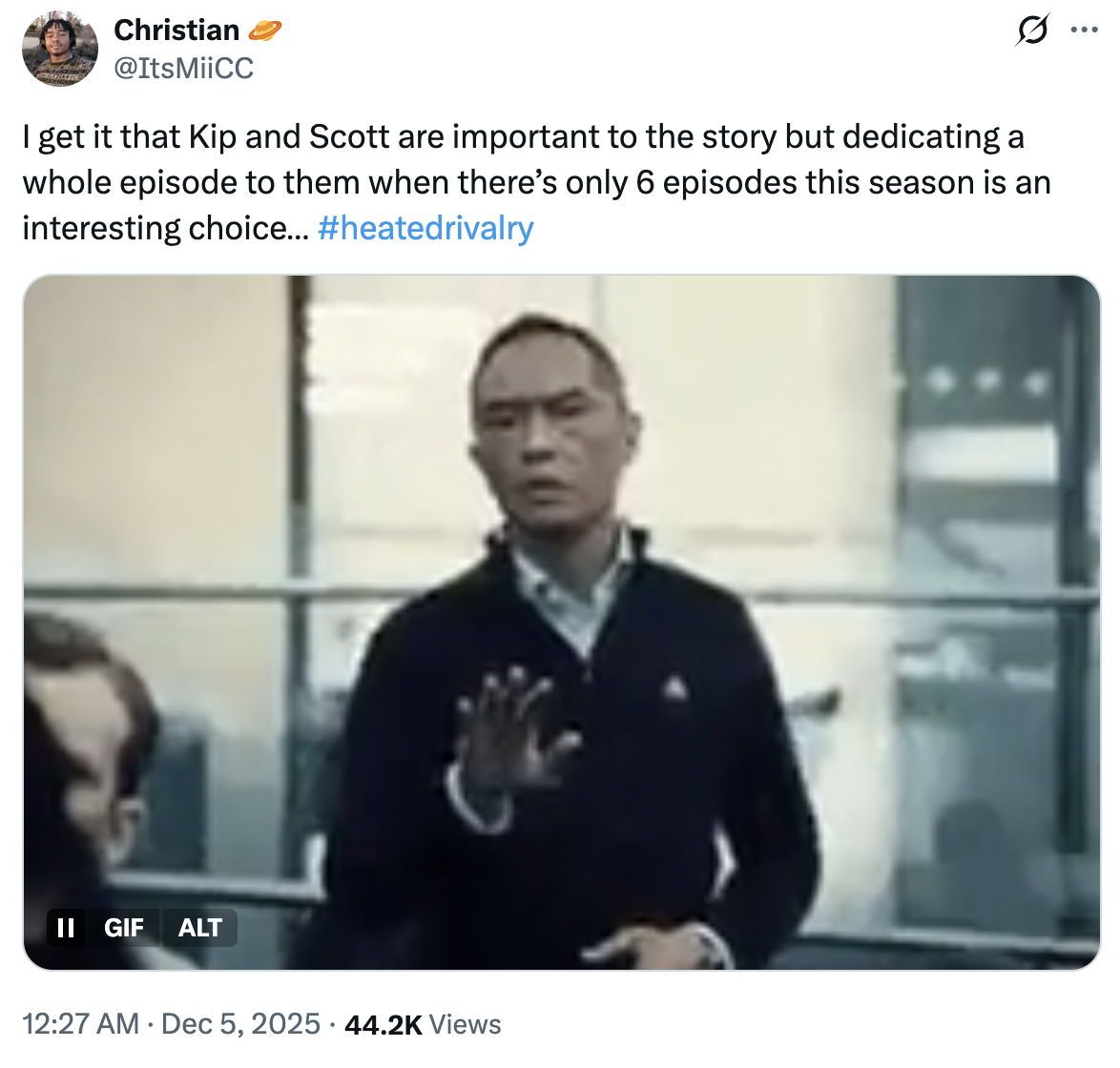 X user @ItsMiiCC tweeted, "I get it that Kip and Scott are important to the story but dedicating a whole episode to them when there’s only 6 episodes this season is an interesting choice… #heatedrivalry"