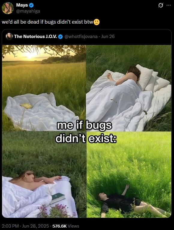 A post by Maya Higa responding to a viral post about bugs not existing. She writes, "we’d all be dead if bugs didn’t exist btw."