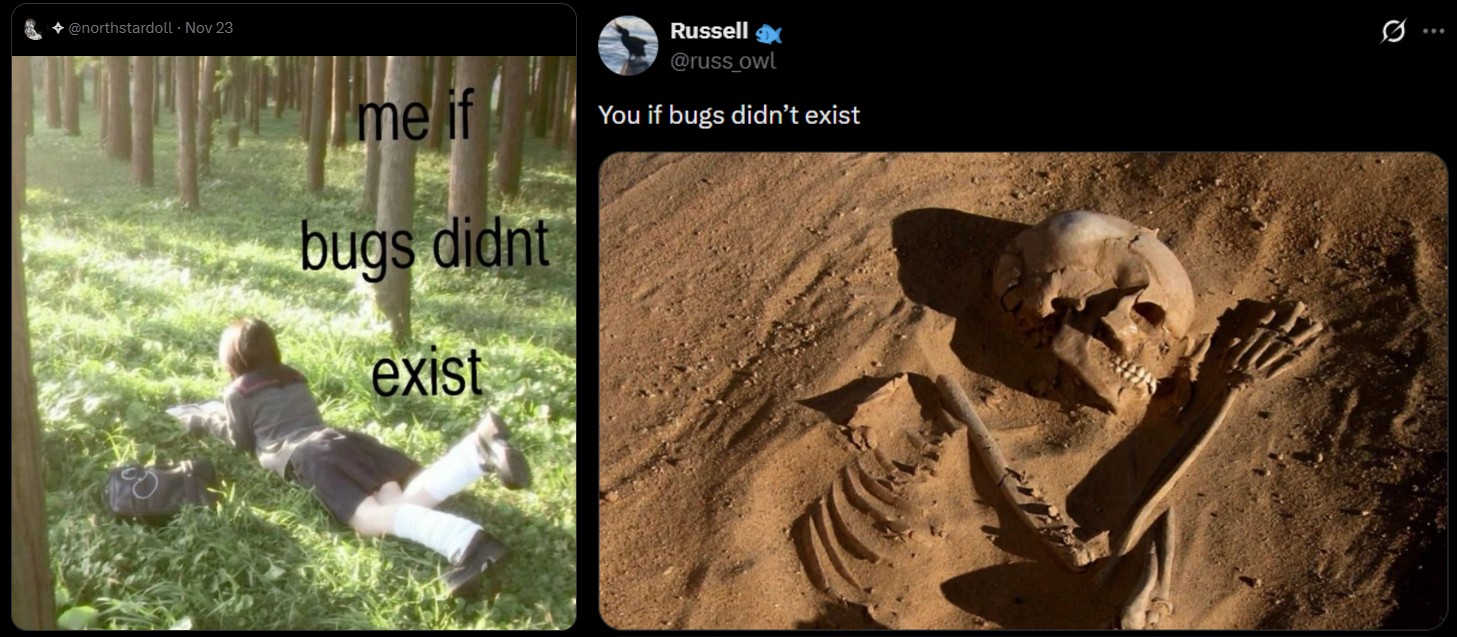 A meme reacting to another meme about if bugs didn't exist. The meme suggests you would be dead without bugs.
