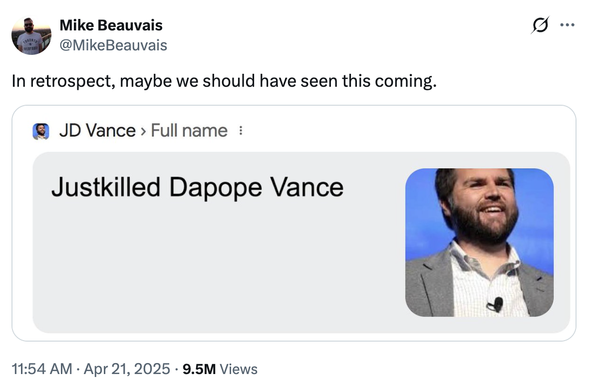 A fake "Google":https://knowyourmeme.com/memes/sites/google search results screenshot joking about the JD in "J.D. Vance":https://knowyourmeme.com/memes/people/jd-vance standing for "Justkilled Dapope Vance."