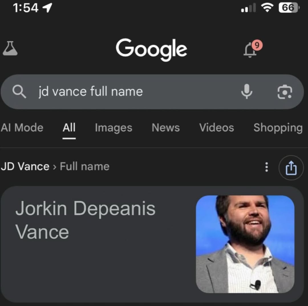 A fake "Google":https://knowyourmeme.com/memes/sites/google search results screenshot joking about the JD in "J.D. Vance":https://knowyourmeme.com/memes/people/jd-vance standing for "Jorkin Depeanis Vance."
