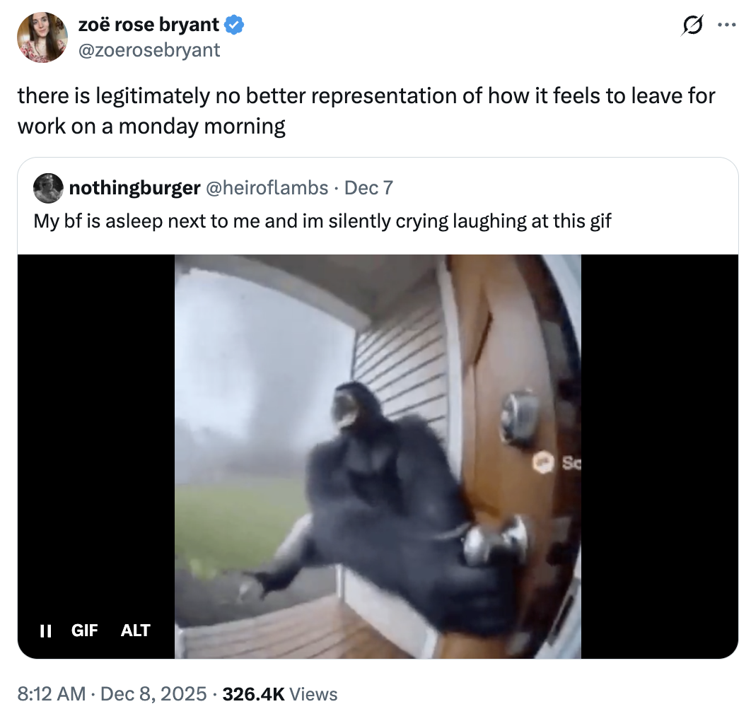 A "tweet":https://knowyourmeme.com/memes/sites/twitter-x using the "GIF":https://knowyourmeme.com/memes/cultures/gif of a "monkey":https://knowyourmeme.com/memes/monkeys-apes or gorilla flying into a tornado, which was generated using "Sora AI":https://knowyourmeme.com/memes/sites/sora-openai.