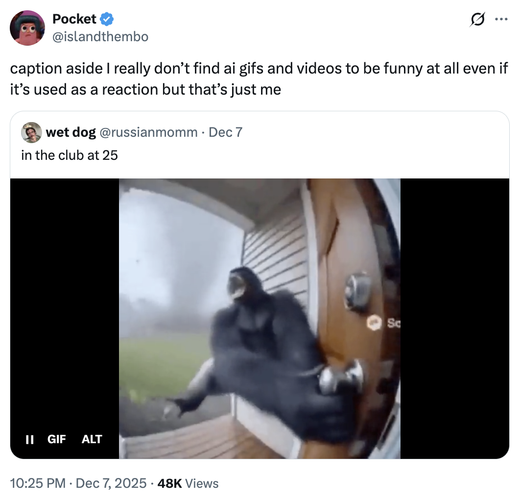 A "tweet":https://knowyourmeme.com/memes/sites/twitter-x using the "GIF":https://knowyourmeme.com/memes/cultures/gif of a "monkey":https://knowyourmeme.com/memes/monkeys-apes or gorilla flying into a tornado, which was generated using "Sora AI":https://knowyourmeme.com/memes/sites/sora-openai.