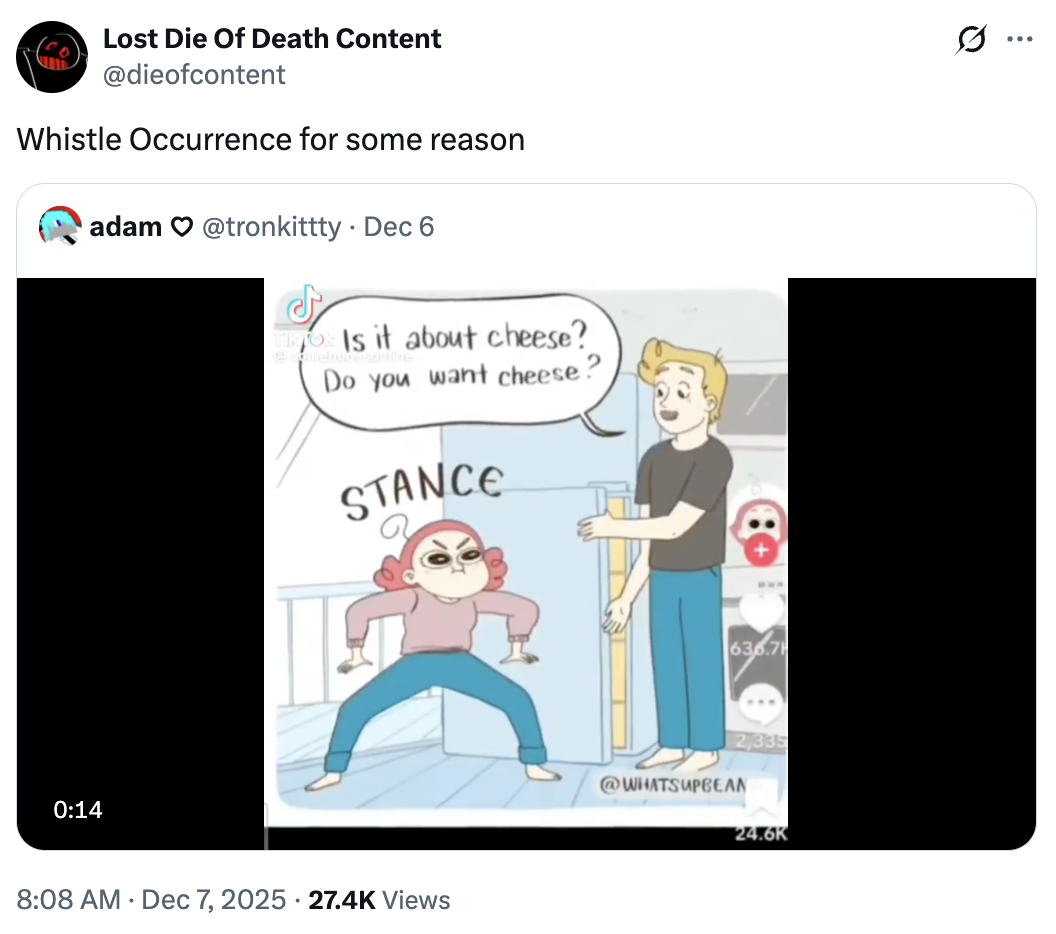 A "tweet":https://knowyourmeme.com/memes/sites/twitter-x about the animated I Have a Question / Is It About Cheese? "webcomic":https://knowyourmeme.com/memes/cultures/webcomics.