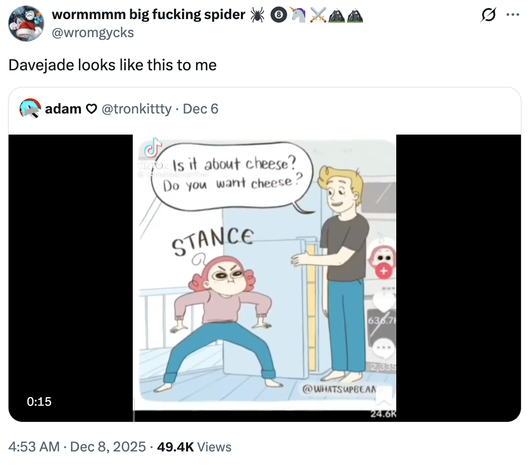 A "tweet":https://knowyourmeme.com/memes/sites/twitter-x about the animated I Have a Question / Is It About Cheese? "webcomic":https://knowyourmeme.com/memes/cultures/webcomics.