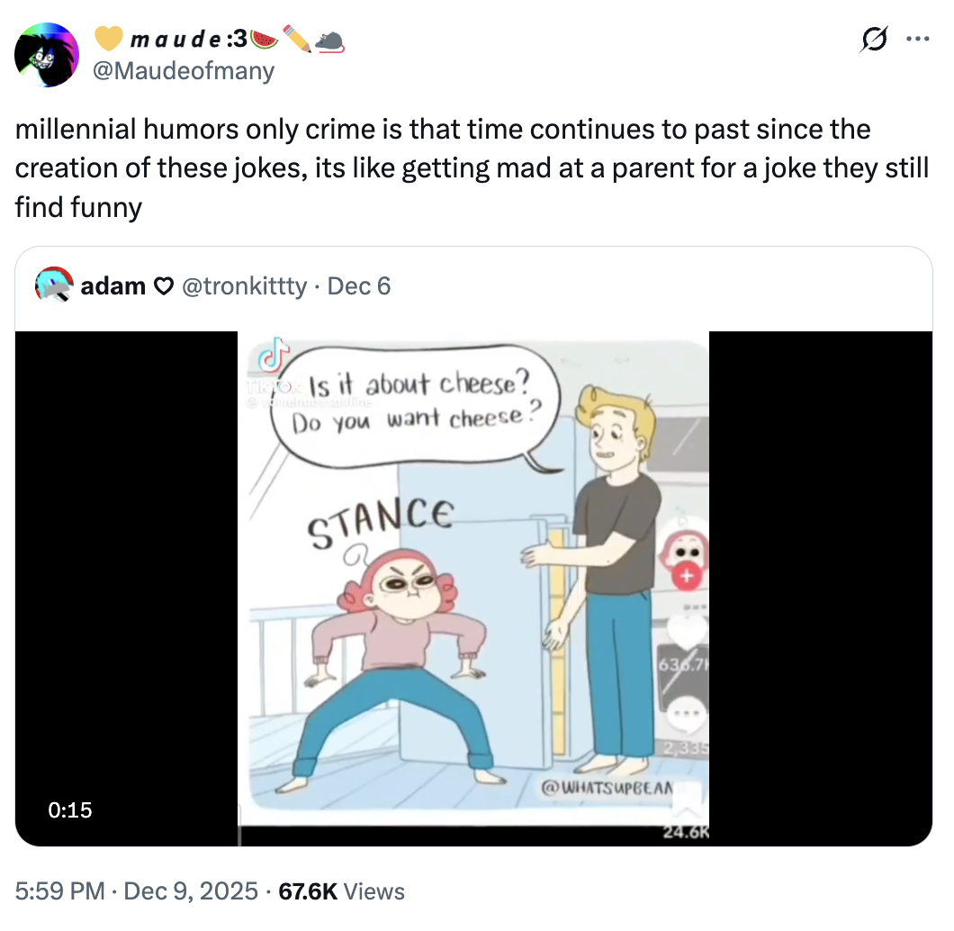 A "tweet":https://knowyourmeme.com/memes/sites/twitter-x about the animated I Have a Question / Is It About Cheese? "webcomic":https://knowyourmeme.com/memes/cultures/webcomics.