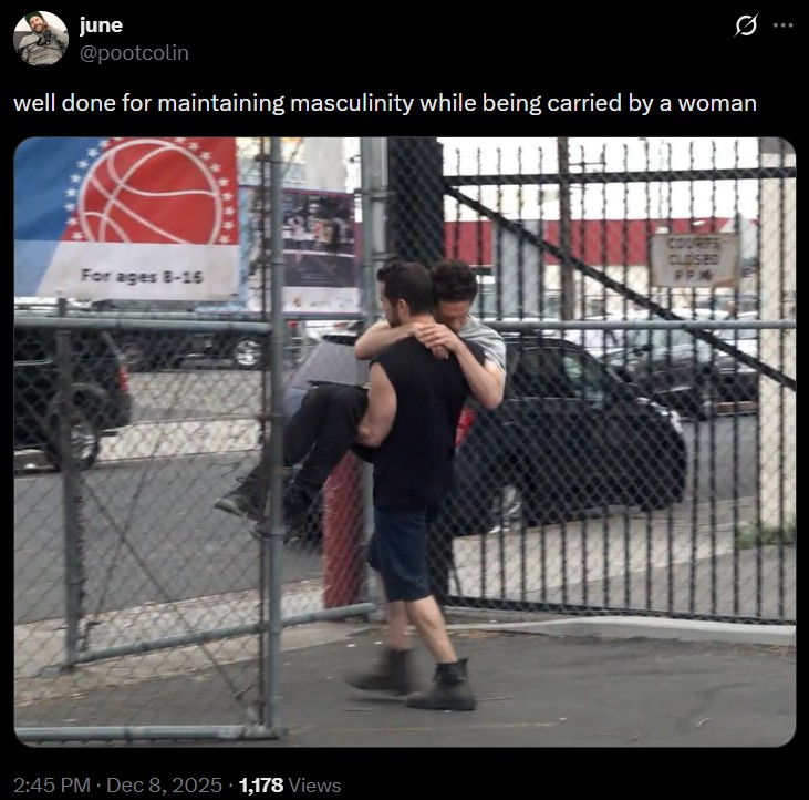 june @pootcolin well done for maintaining masculinity while being carried by a woman For ages 8-16 2:45 PM ⚫ Dec 8, 2025 1,178 Views COURPS CLOSED