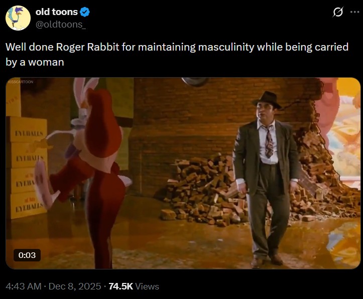 old toons @oldtoons Well done Roger Rabbit for maintaining masculinity while being carried by a woman KISSCARTOON 109 EYEBALLS EYTHALES EYEBA EYEBALLS 0:03 4:43 AM • Dec 8, 2025 74.5K Views
