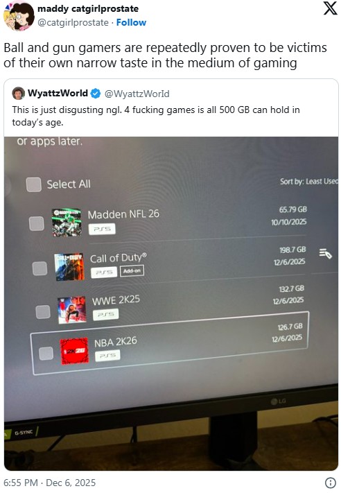 A tweet reading, "Ball and gun gamers are repeatedly proven to be victims of their own narrow taste in the medium of gaming." The tweet is in response to someone complaining about video game file sizes.