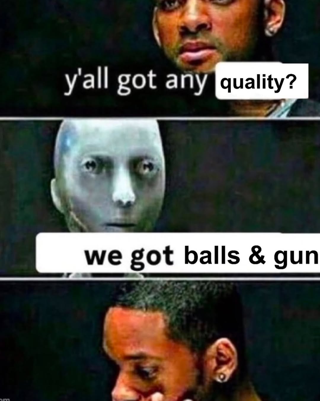 An iRobot meme. The meme is about ball and gun gamers.
