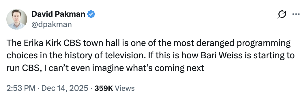 A "tweet":https://knowyourmeme.com/memes/sites/twitter-x about Erika Kirk, the widow of late right-wing political organizer "Charlie Kirk":https://knowyourmeme.com/memes/people/charlie-kirk, concerning her CBS Town Hall Interview in December 2025.
