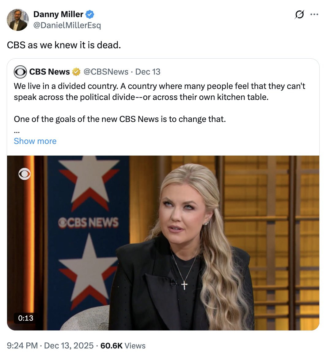 A "tweet":https://knowyourmeme.com/memes/sites/twitter-x about Erika Kirk, the widow of late right-wing political organizer "Charlie Kirk":https://knowyourmeme.com/memes/people/charlie-kirk, concerning her CBS Town Hall Interview in December 2025.