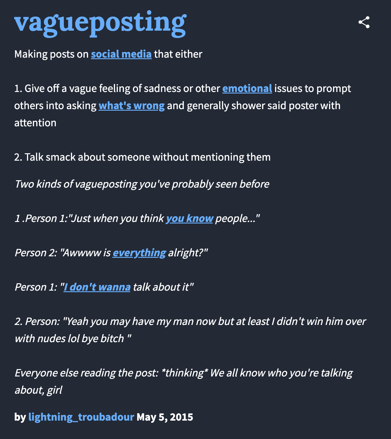 The "Urban Dictionary":https://knowyourmeme.com/memes/sites/urban-dictionary definition for "Vagueposting" from 2015.