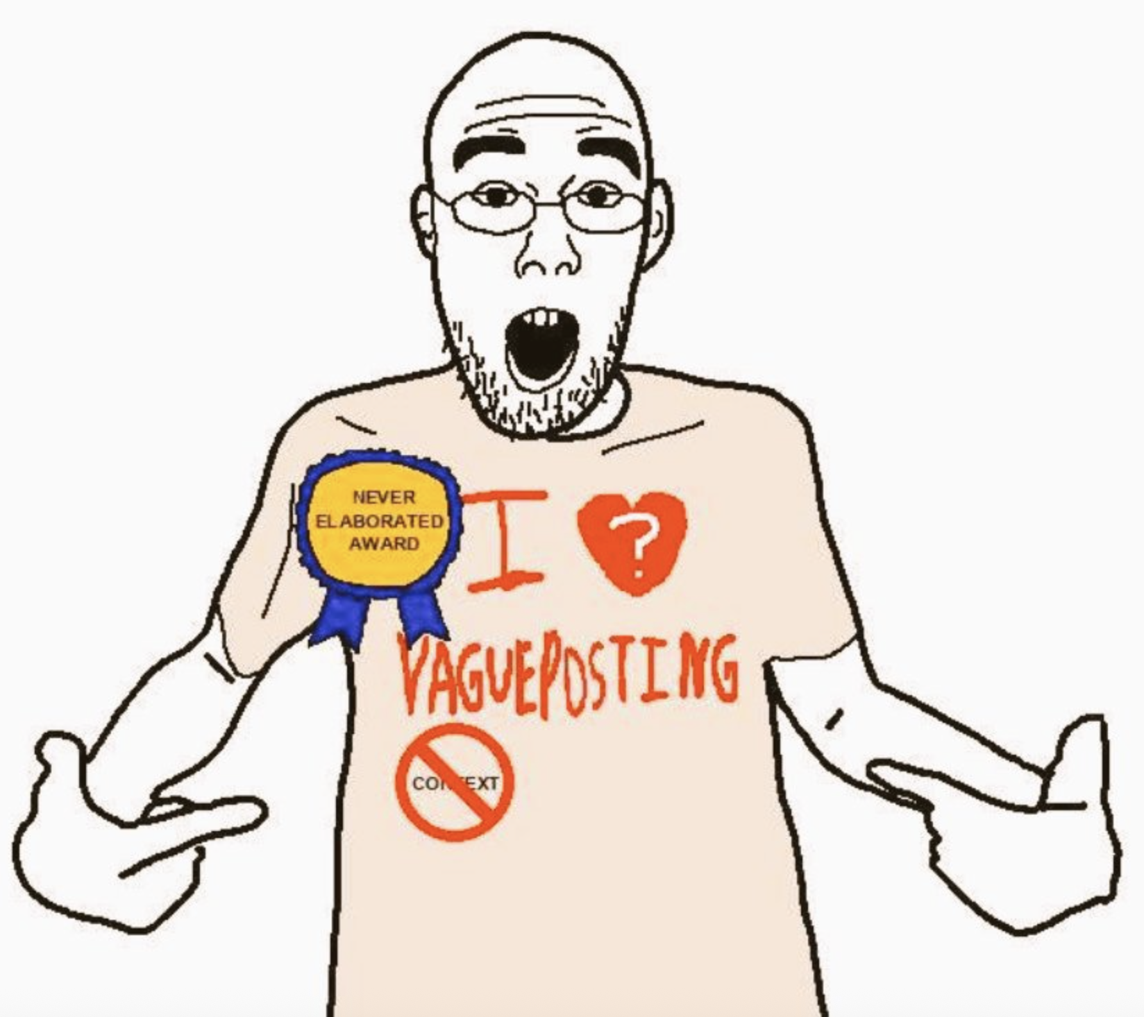 Reference: "Soyjak Pointing at Shirt / Shirtjak":https://knowyourmeme.com/memes/soyjak-pointing-at-shirt-shirtjak.