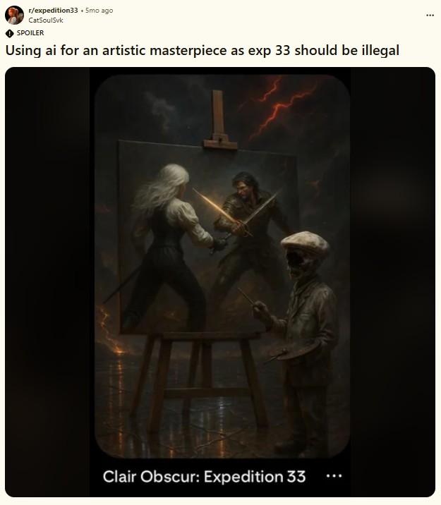 A post on the Expedition 33 subreddit. The post calls the game out for using AI.