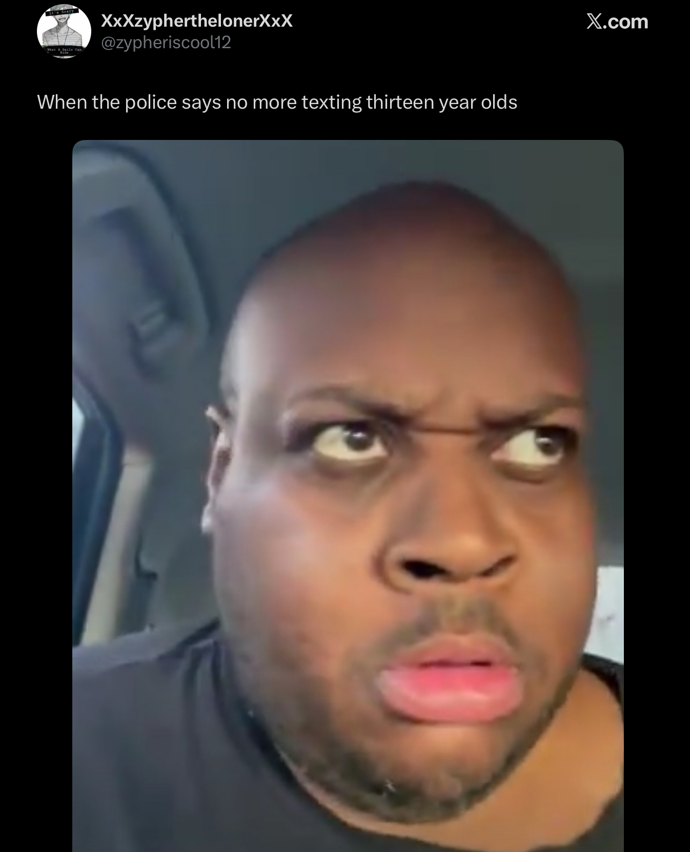 Scary XxXzypherthelonerXxX @zypheriscool12 When the police says no more texting thirteen year olds X.com