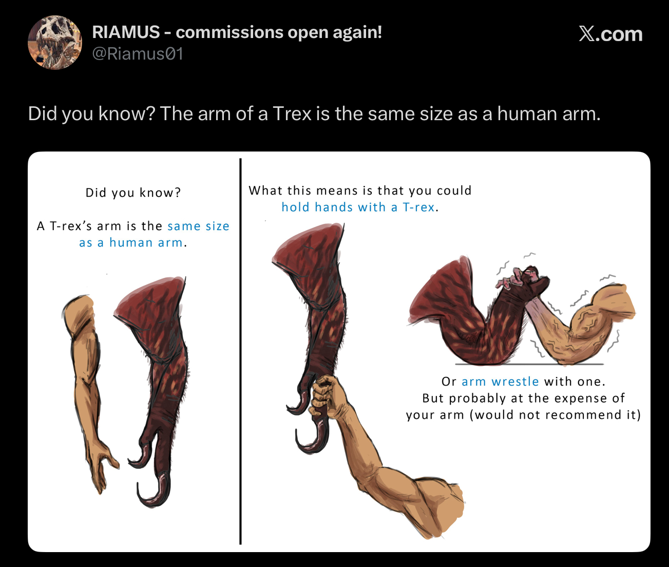 RIAMUS - commissions open again! @Riamus01 X.com Did you know? The arm of a Trex is the same size as a human arm. Did you know? A T-rex's arm is the same size as a human arm. What this means is that you could hold hands with a T-rex. Or arm wrestle with one. But probably at the expense of your arm (would not recommend it)