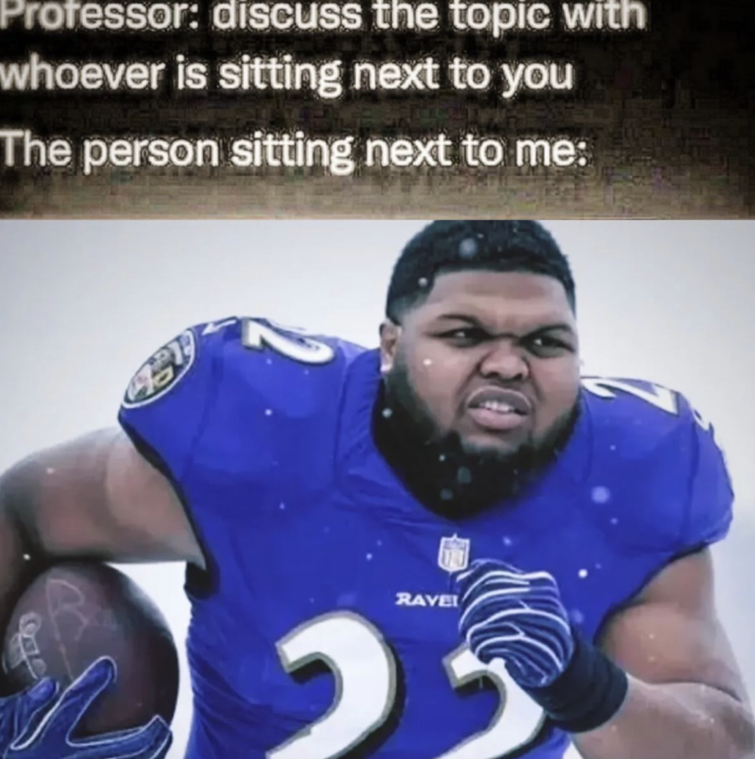 A "meme":https://knowyourmeme.com/memes/memes using the Druski Ravens "AI image":https://knowyourmeme.com/memes/cultures/ai-art, showing internet comedian "Druski":https://knowyourmeme.com/memes/people/druski as Baltimore Ravens running back Derrick Henry.