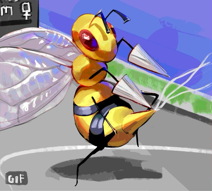 A piece of art depicting Beedrill using string shot in Pokemon Stadium. The art is by X user AustinArts4.