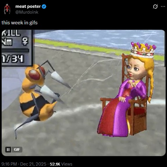 A meme mashing up the "Jester GIF":https://knowyourmeme.com/memes/jester-dancing-for-queen-gif and the Beedrill GIF.